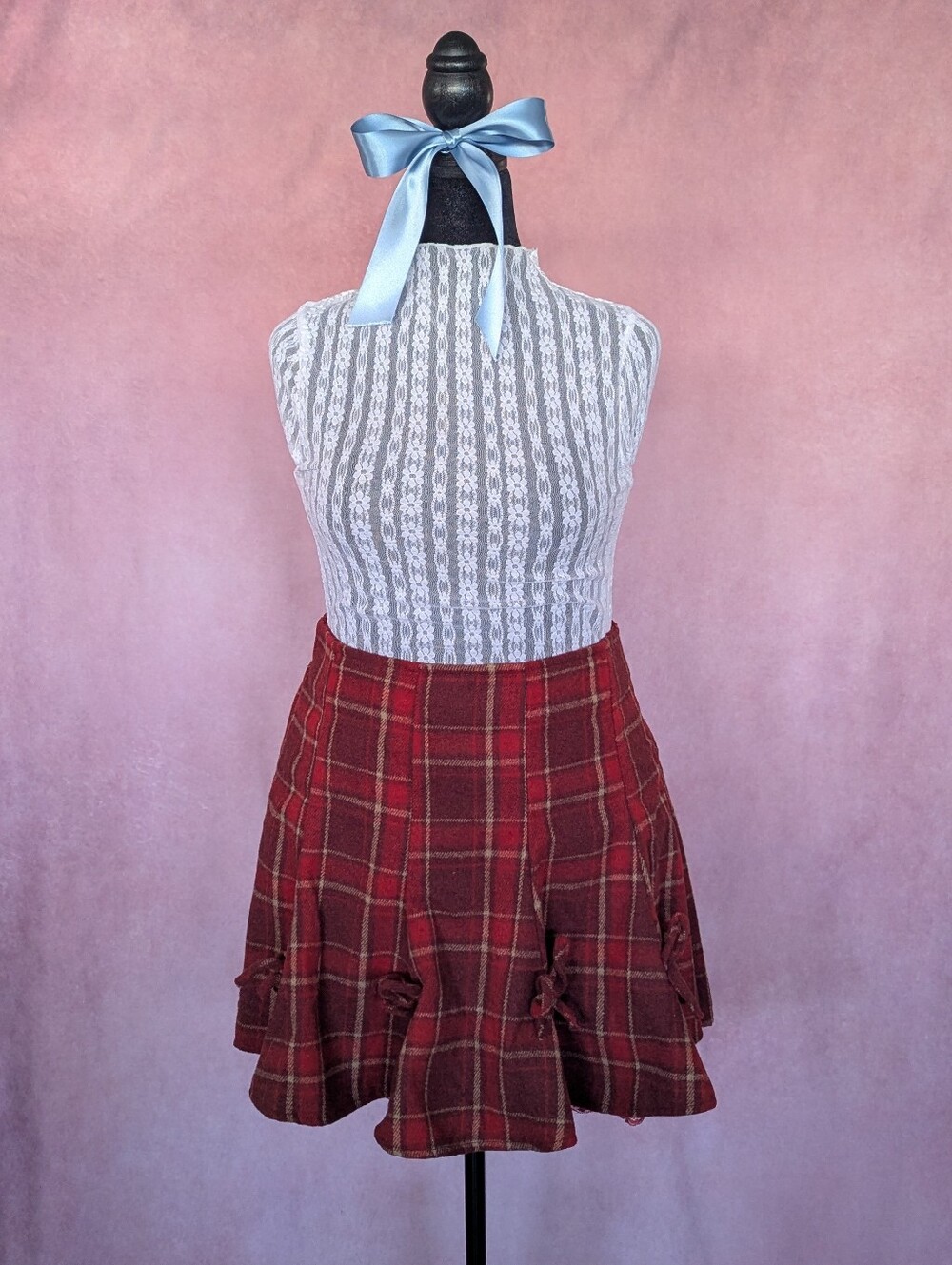SHEIN Curve Faux Wool Plaid Bow Skirt With Lace Petticoat